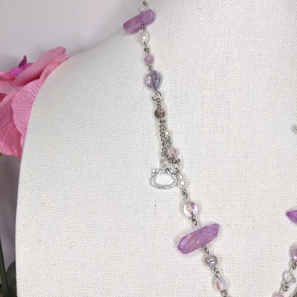 Necklace with pearls purple and pink crystal beads and chain Handmade by me. - Picture 6 of 7